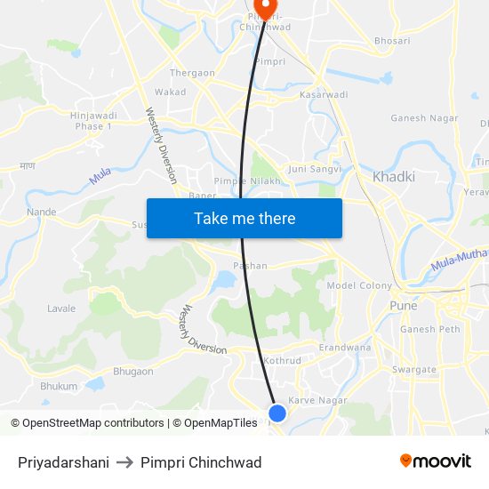 Priyadarshani to Pimpri Chinchwad map