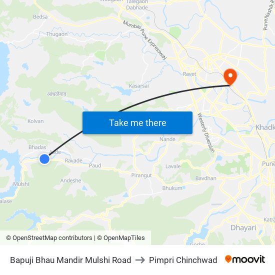 Bapuji Bhau Mandir Mulshi Road to Pimpri Chinchwad map