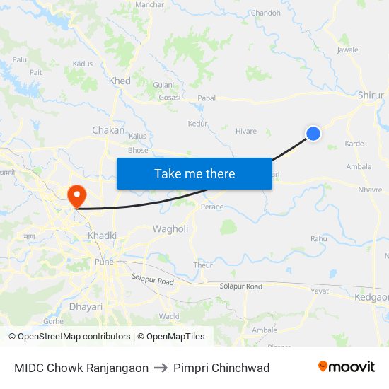 MIDC Chowk Ranjangaon to Pimpri Chinchwad map