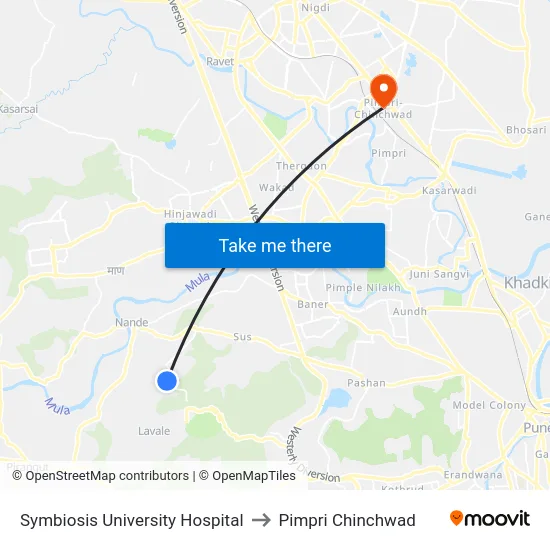 Symbiosis University Hospital to Pimpri Chinchwad map