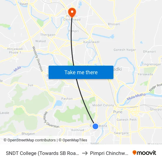 SNDT College (Towards SB Road) to Pimpri Chinchwad map
