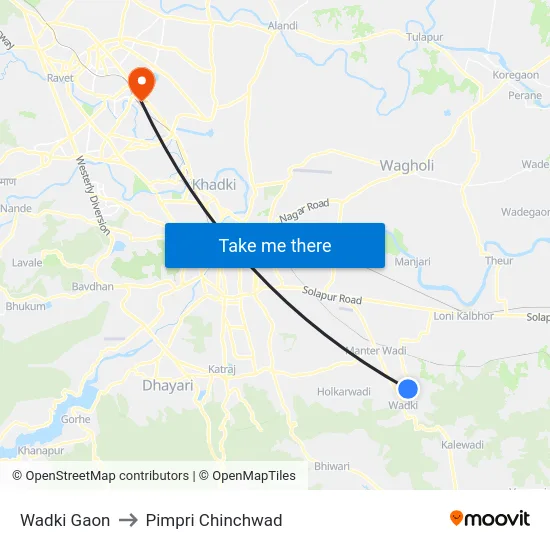 Wadki Gaon to Pimpri Chinchwad map