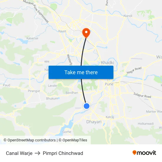 Canal Warje to Pimpri Chinchwad map