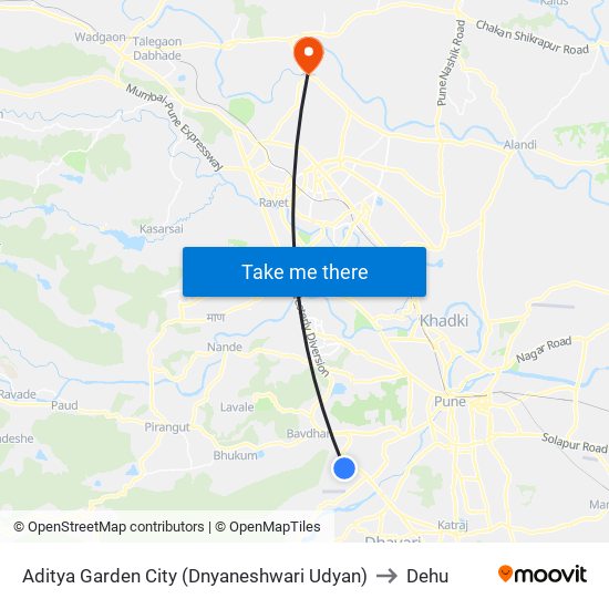 Aditya Garden City to Dehu map