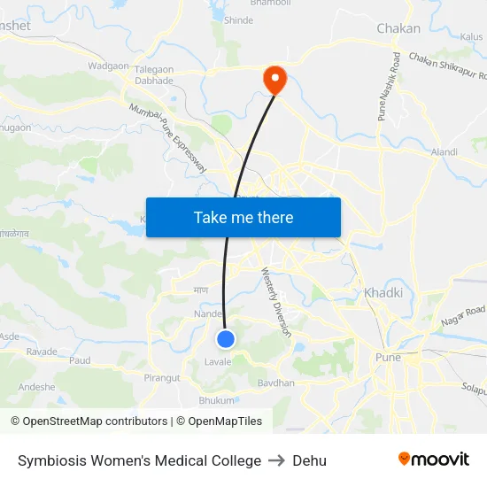Symbiosis Women's Medical College to Dehu map