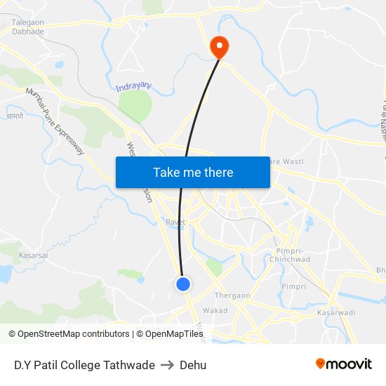 D.Y Patil College Tathwade to Dehu map