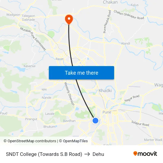 SNDT College (Towards SB Road) to Dehu map