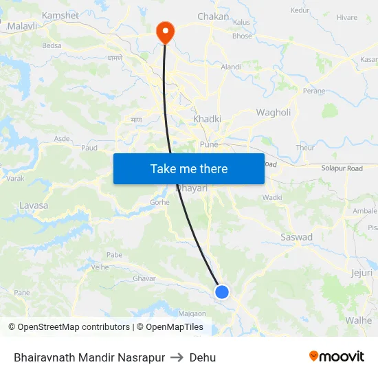 Bhairavnath Mandir Nasrapur to Dehu map