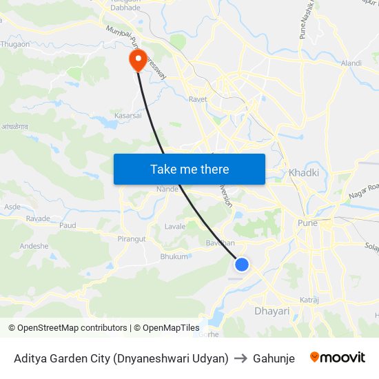 Aditya Garden City (Dnyaneshwari Udyan) to Gahunje map