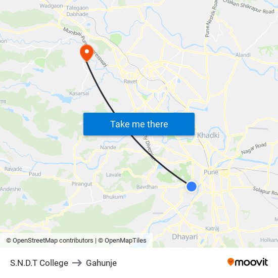 SNDT College (Towards S.B Road) to Gahunje map