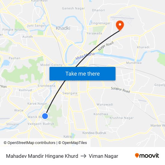 Mahadev Mandir Hingane Khurd to Viman Nagar map