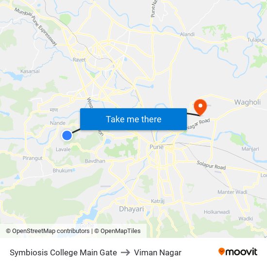 Symbiosis College Main Gate to Viman Nagar map