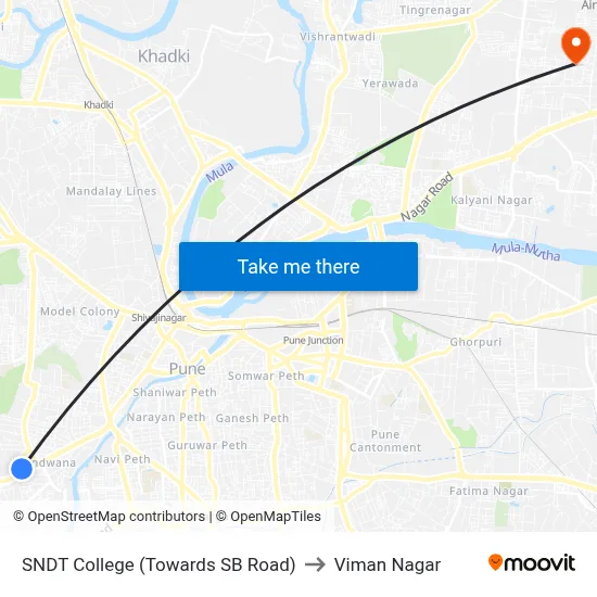 SNDT College (Towards SB Road) to Viman Nagar map