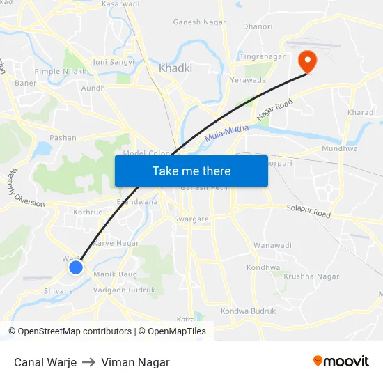 Canal Warje to Viman Nagar map