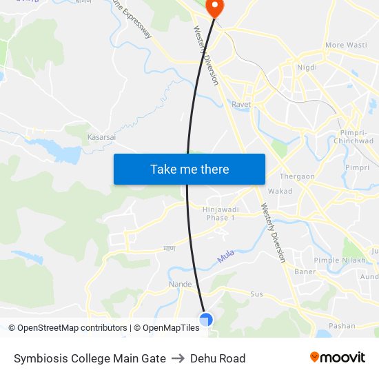 Symbiosis College Main Gate to Dehu Road map