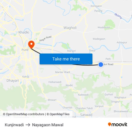 Kunjirwadi to Nayagaon Mawal map