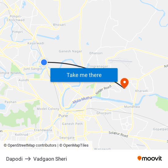 Dapodi to Vadgaon Sheri map