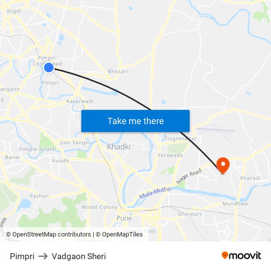 Pimpri to Vadgaon Sheri map