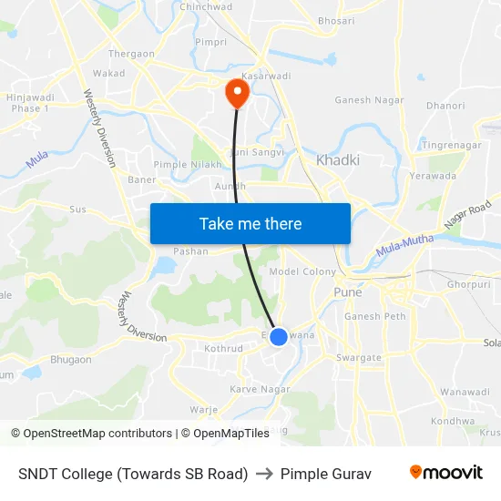 SNDT College (Towards SB Road) to Pimple Gurav map