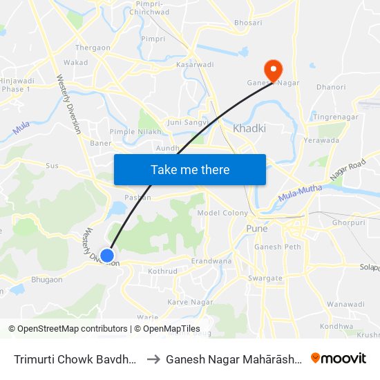 Trimurti Chowk Bavdhan Road to Ganesh Nagar Mahārāshtra India map