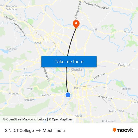 SNDT College (Towards S.B Road) to Moshi India map