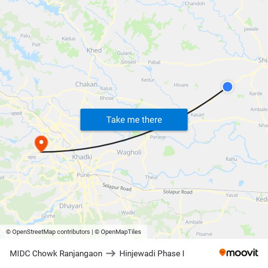 Ranjangaon M.I.D.C.Chowk to Hinjewadi Phase I map