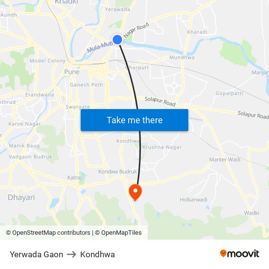 Yerwada Gaon to Kondhwa map
