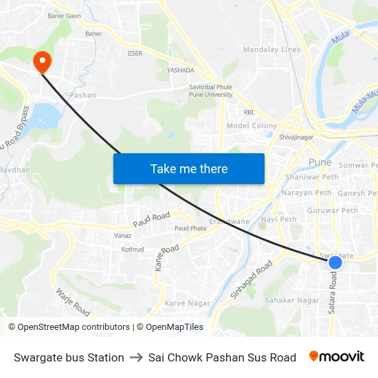 Swargate bus Station to Sai Chowk Pashan Sus Road map
