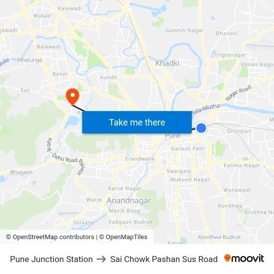 Pune Junction Station to Sai Chowk Pashan Sus Road map