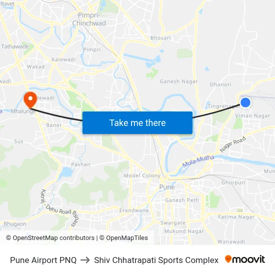 Pune Airport PNQ to Shiv Chhatrapati Sports Complex map