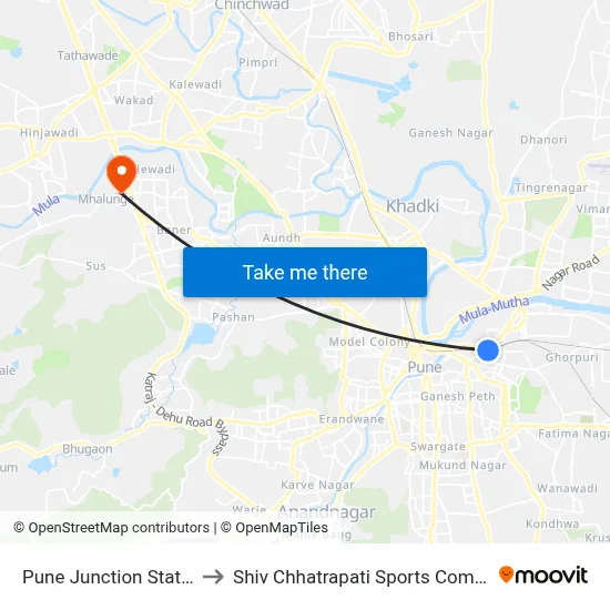 Pune Junction Station to Shiv Chhatrapati Sports Complex map