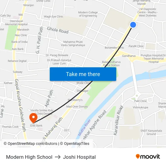 Modern High School to Joshi Hospital map
