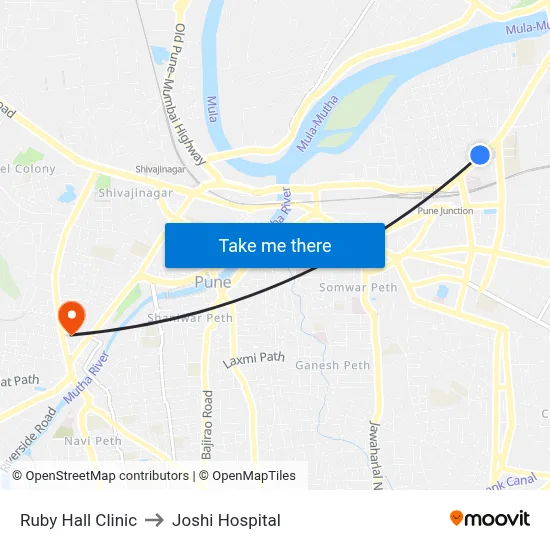 Ruby Hall Clinic to Joshi Hospital map