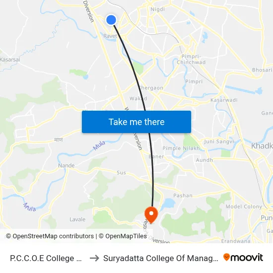 P.C.C.O.E College Ravet to Suryadatta College Of Management map