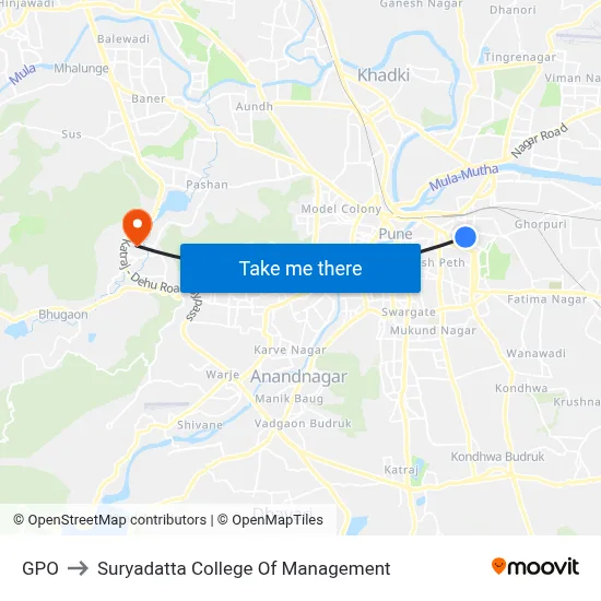 GPO to Suryadatta College Of Management map