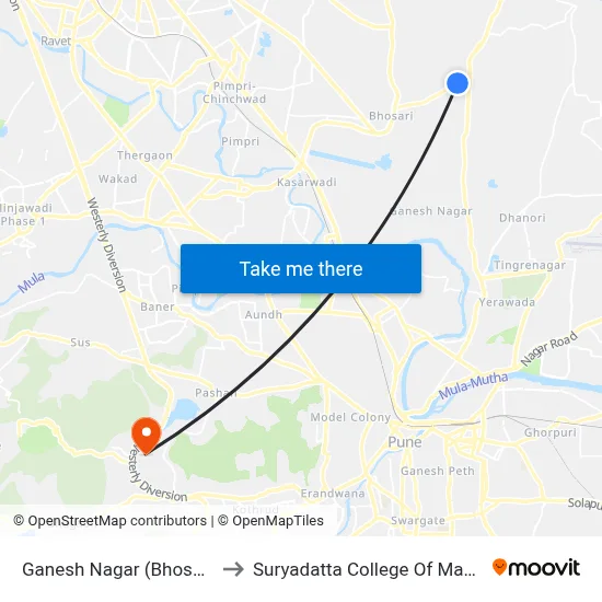 Ganesh Nagar (Bhosari Road) to Suryadatta College Of Management map