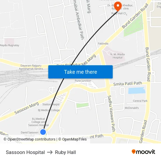 Sassoon Hospital to Ruby Hall map