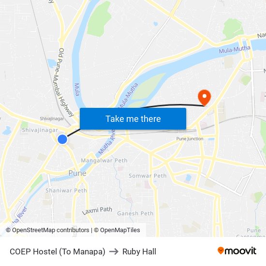 COEP Hostel (To Manapa) to Ruby Hall map