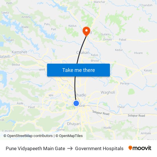 Pune Vidyapeeth Main Gate to Government Hospitals map