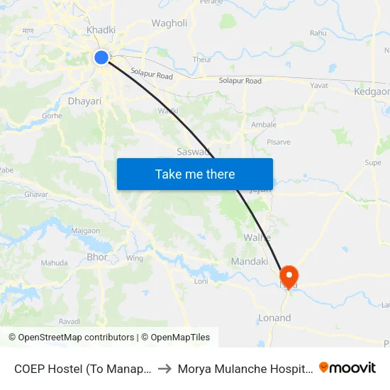 COEP Hostel (To Ma.Na.Pa) to Morya Mulanche Hospital map