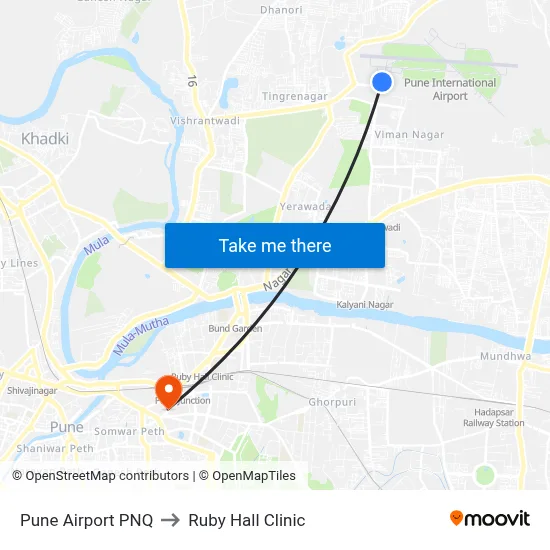 Pune Airport PNQ to Ruby Hall Clinic map