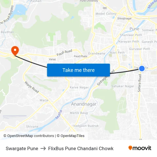 Swargate Pune to FlixBus Pune Chandani Chowk map