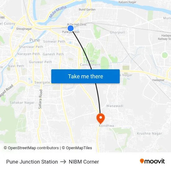 Pune Junction Station to NIBM Corner map