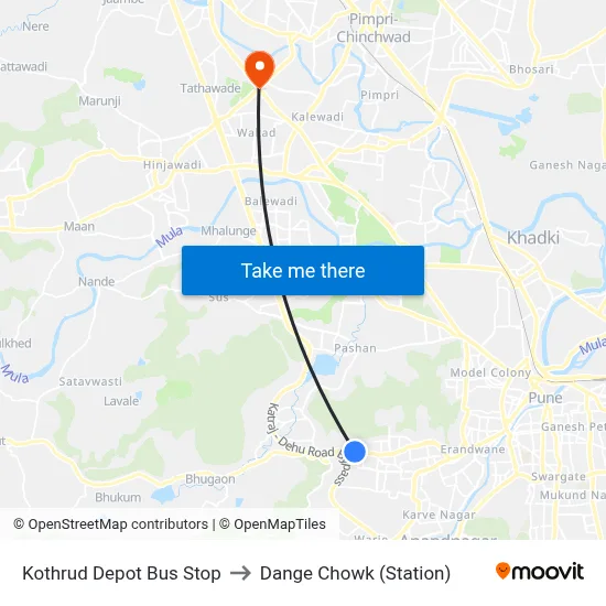 Kothrud Depot Bus Stop to Dange Chowk (Station) map