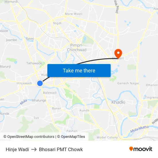 Hinje Wadi to Bhosari PMT Chowk map