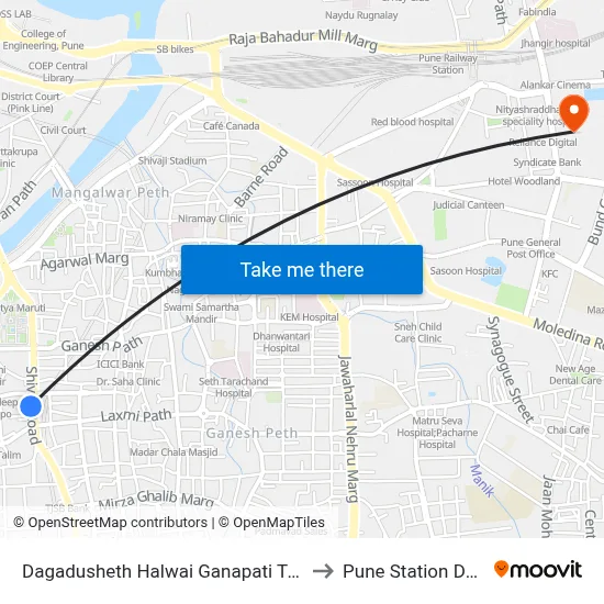 Dagadusheth Halwai Ganapati Temple to Pune Station Depot map
