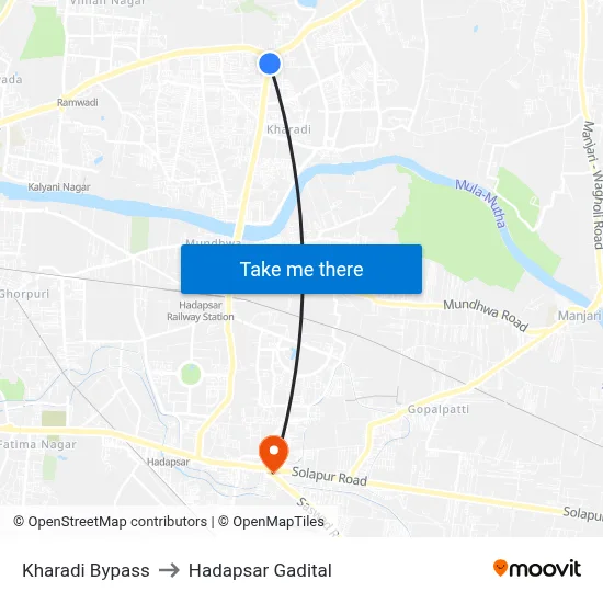 Kharadi Bypass to Hadapsar Gadital map