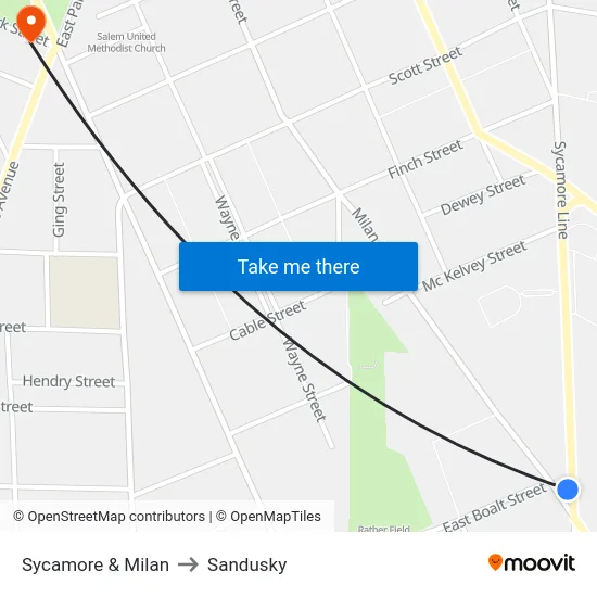 Sycamore & Milan to Sandusky map