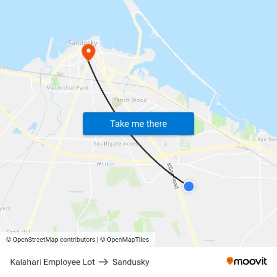 Kalahari Employee Lot to Sandusky map