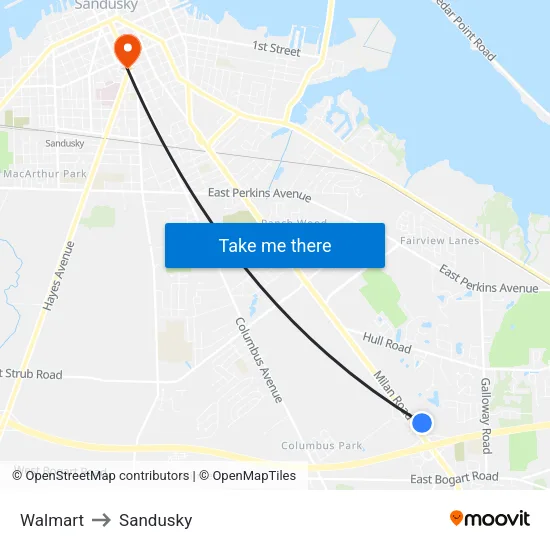 Walmart to Sandusky map
